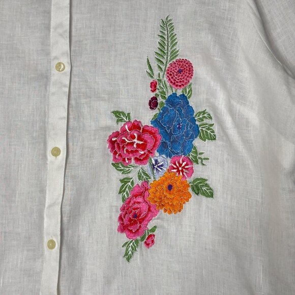 Nygard White Linen Multi Floral Embroidered Button-Up 3/4 Sleeve Shirt Size 20 - Picture 2 of 7